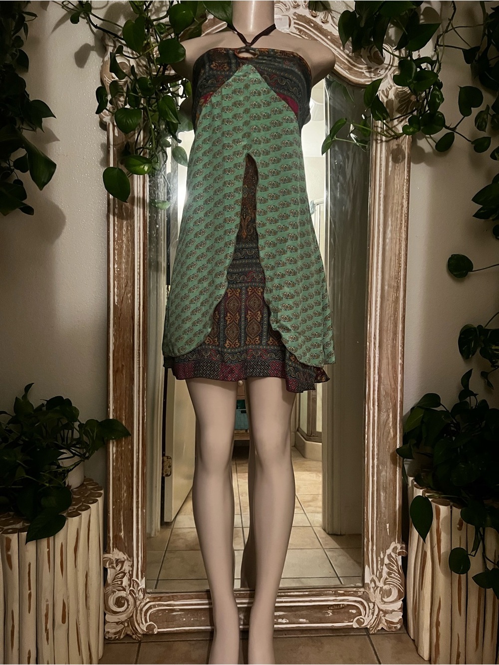 Boho Green Printed Halter-Style Mini Skirt